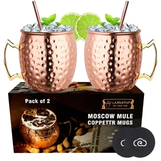 LIVEHITOP Moscow Mule Kupfer Becher Set of 2,19.5 Oz Kupferbecher mit Untersetzer for Cocktail, Wein, Kaltes Getränk, Bar, Party, Geschenk