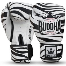 BUDDHA FIGHT WEAR – Fantasy-Zebra-Boxhandschuhe – Muay Thai – Kickboxen – hochwertiges Kunstleder – geruchshemmender Innenstoff – verstärkte Nähte – Schwarz und Weiß – Größe 16 Oz