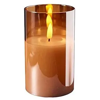 Hochwertige & Edle LED Kerze im Glas - Timer - Realistisch Flackernd - Neuartiges Design (Amber, Höhe: 12,5cm - Ø 7,5cm)