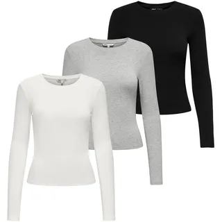Longsleeve ONLY "Longsleeve ONLRILEY O-NECK TOP 3P 3er Pack", Damen, Gr. S, bunt (schwarz, ecru, grau), Obermaterial: 96% Baumwolle CO. 4% Elasthan EL., Shirts Longsleeve