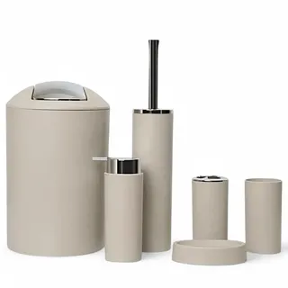 6tlg Badset Badezimmer Zubehör Set Organizer: Seifenspender, Zahnputzbecher, Kosmetikeimer, WC Bürste und Halter, Seifenschale, Mülleimer, Zahnbürstenhalter, Badgarnitur (Beige Design 2a)