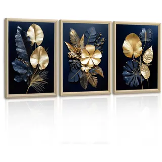 3 Pcs Leinwandbilder Bilder mit Rahmen Marineblau Gold Blumen Kokosnussblatt bild auf leinwand Wandkunst Wandbilder Kunstdruck Deko für Wohnzimmer Schlafzimmer fertig zum Aufhängen 30x40cm x3 Pcs