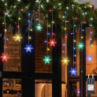 Schneeflocke Lichterkette 94LEDs Lichtervorhang Bunt Innen 8 Modi IP44 Deko Für Weihnachten Fenster Balkon Garten Party - Bunt