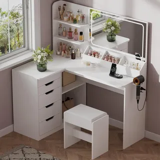 JUMMICO Schminktisch mit Spiegel und Licht, Eck Schminktisch L Hocker mit Beleuchtung LED 3 Farben, Make Up Table 120 breit mit 5 Schubladen und Steckdosen, Weiß