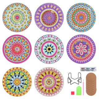 KEESIN Diamond Painting Untersetzer,8 Stück Diamond Art Untersetzer mit Halter klebendem Korkboden DIY Diamond Painting Coaster für Erwachsene Kinder Anfänger(Mandala B)