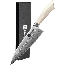 Kensaki Chefmesser aus Damaszener Stahl Küchenmesser Japanischer Art hergestellt aus 67 Lagen Damaststahl | Weißer G10 Griff - Shiro Serie