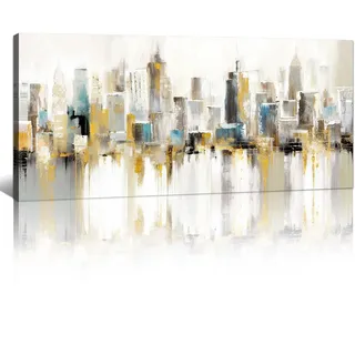 Mit Rahmen Großes Leinwandbilder Bilder Gold Blau Grau Stadtgebäude bild auf leinwand Wandkunst Modern Wandbilder XXL Kunstdruck Deko für Wohnzimmer Schlafzimmer fertig zum Aufhängen 120x50cm