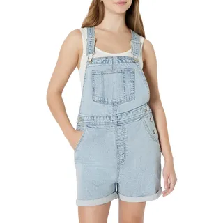 Amazon Essentials Damen Kurze Relaxed-Fit-Denim-Latzhose mit Mittlerem Stretchanteil, Klassische, helle Waschung, S