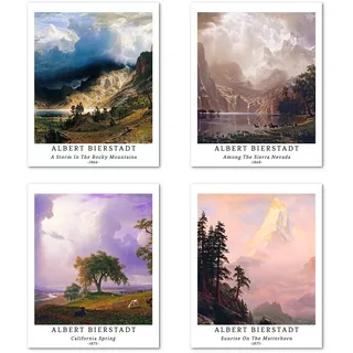 Kunstdruck Ungerahmt Klassische Landschaft Bilder Set von 4, Poster Größe: 20x25 cm Premium Kunstpapier Wanddeko Moderne Natur Blumen Baum Wald Passenden Wohnzimmer Deko Albert Bierstadt Poster