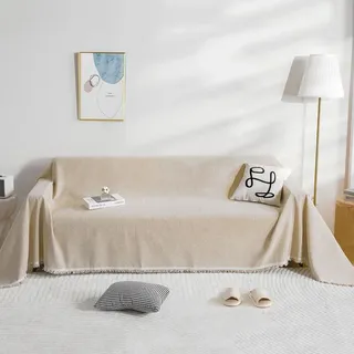 BUSVORES Sofa Überwurfdecke, Chenille Mit Fransen Sofabezug, AntiRutsch Couch Schutz für Haustiere Haare Kinder Hund Katze, Vielseitige Dekorative Sofaüberwurf für Familie(Khaki, 180x300 cm)
