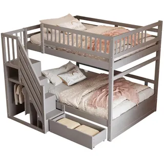 Stilvora Etagenbett 140/200 cm & 140/200 cm in Grau mit Schubladen und Stauraumleiter Massivholz , Holz , 140x200 cm , Babymöbel & Kindermöbel, Kinderzimmer & Jugendzimmer, Kinderbetten, Hochbetten
