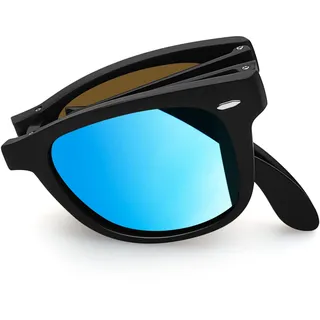 Joopin Faltbare Sonnenbrille Herren Polarisiert Spiegel Rechteckige Faltsonnenbrille Blau Verspiegelt Tragbar Faltbrille (Retro Blau)