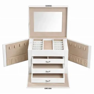 Boxxx Schmuckkästchen , Weiß, Beige , Textil, Leder, Holzwerkstoff , Lederlook , 22.5x16.5x17.5 cm , Ringhalter, Kosmetikspiegel, Schubladen herausnehmbar, verschließbar , Kleinmöbel, Schmuckkästchen & Schmuckschränke