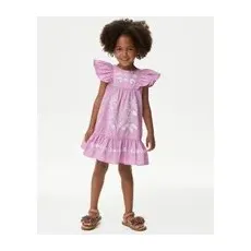 M&S Collection Besticktes Kleid aus reiner Baumwolle (2-8 J.) - Purple, Purple, 7-8 Jahre