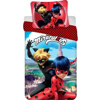 Jerry Fabrics Miraculous Ladybug und Cat Noir Kinderbettwäsche Mehrfarbig Bettdecke 140 x 200 cm Kopfkissen 70 x 90 cm 100% Baumwolle - Schwarz, Rot, Blau