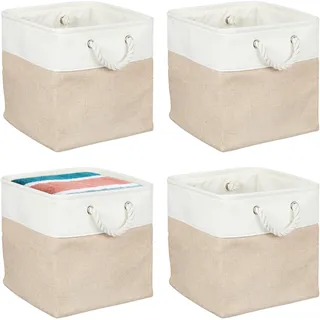 Relaxdays Aufbewahrungskorb 4er Set Leinen mit Seilgriffen 30 x 30 x 30 cm beige/weiß