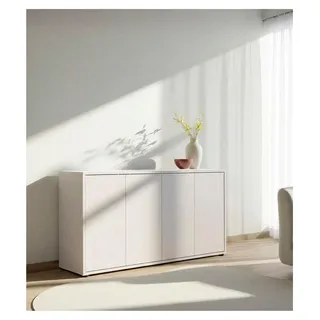 Kommode Sideboard Kaschmir (136x73 cm) 'Die Horizontale' aus Holz, 4-türig,  Germany, moderne Anrichte, Flurkommode matt, Beistellschrank oder kleiner Wohnzimmerschrank in Grau Beige