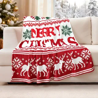 JOTOM Weihnachten Kuscheldecke, Flauschig Weihnachtsdecke 130x150cm, Warm Wohndecke Sofaüberwurf Decke für drinnen, draußen Couchdecke Sofadecke Weihnachtsdeko (Merry Christmas Hirsch Rot)