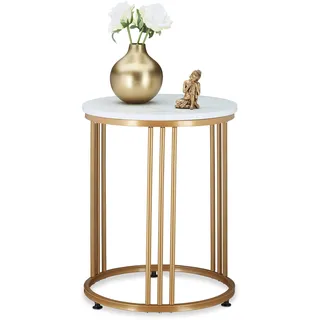 Relaxdays Beistelltisch MARMO, runder Sofatisch, Metall, , MDF, weiß/Gold