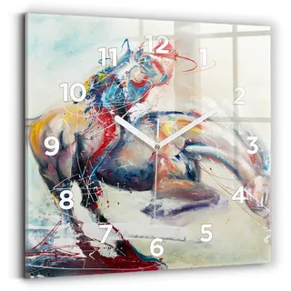 Wallfluent Wanduhr – Stilles Quarzuhrwerk - Uhr Dekoration Wohnzimmer Schlafzimmer Küche - Zifferblatt - weiße Zeiger - 30x30 cm - Illustration von galoppierenden Pferden - Bunt