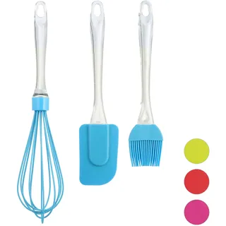 Relaxdays Backpinsel Set, 3-teiliges Backset mit Kochpinsel, Teigschaber & Schneebesen, Backzubehör aus Silikon, blau