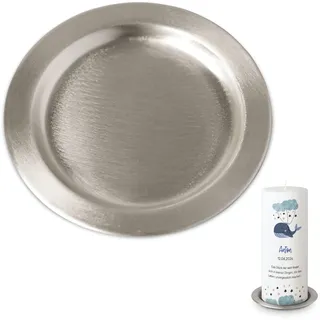MOMENTU® Kerzenteller rund – Messing gebürstet [Silber, Handarbeit] – Kerzenständer, Kerzenuntersetzer, Dekoteller, Kerzenschale für Stumpenkerzen, Tauf-, Kommunion- und Konfirmationskerze – Ø 11 cm