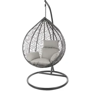 KIDEO Komplettset: großer Hängesessel mit Gestell & Kissen, Korbsessel, Poly-Rattan (Korb & Gestell: grau, Kissen: grau Nest (8010_Cloud))