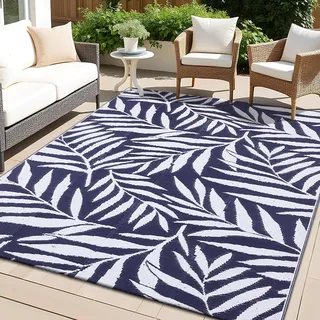 Smiry Outdoor Teppich Wasserfest Balkon Camping Teppiche UV-beständig Waschbar Außenteppich Draussen Wendbarer für Terrasse, Garten, Wohnmobil - 120 x 180 cm, Marine Blau & Weiß - Blätter Muster