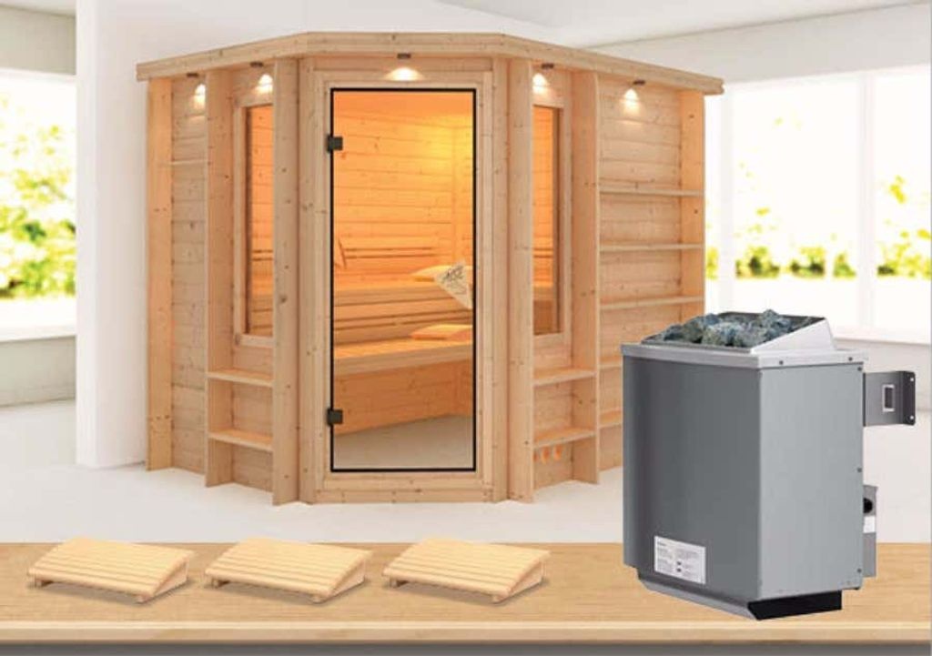 Bild von Sauna Riona 40mm Dachkranz + Ofen 9kW extern classic Tür