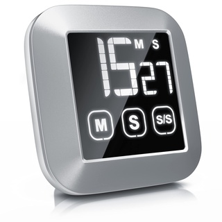 CSL - Küchentimer digital - Küchenwecker Eieruhr – digital mit 3 x Touchbutton – LCD Display – Countdown und Countup bis 99 Minuten – Stoppuhr – magnetisch – modernes Design – Silber