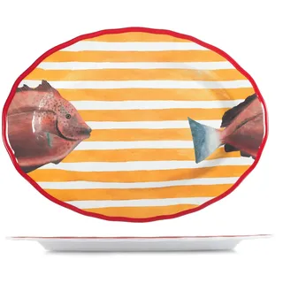 H&H, Ovaler Teller Marea, aus Melamin verziert Ø 46 cm - weiße und gelbe Streifen, Rand und Dekor roter Fisch - spülmaschinenfest.