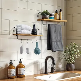 Küchen Wandregal Set von 2 - Regale mit Handtuchhalter - Wandregal mit Schiene und S-Haken - Dekoratives Wandregal - Holz Küchenregal