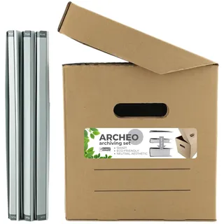D.RECT - Archivbox ARCHEO Set Lagerbox 250x340x260 mm Klappdeckelbox Archivschachtel Aktenkarton mit 3 pastellfarbene Zero Max Ordner Grau