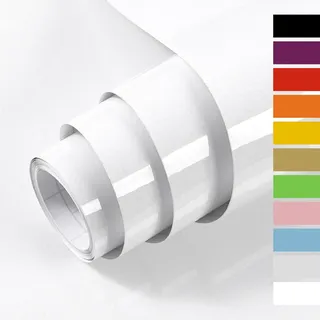 Hode Klebefolie Möbel Weiß Hochglanz 40cmX10m, Möbelfolie Weiß Selbstklebend Folie für Möbel Küche, Küchenfolie Glitzer für Schrank Selbstklebende Tapete Schrankfolien Dekorfolie Weiss