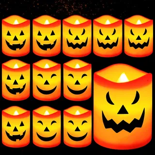 CIOXSOIO 12 Stück Led Kerzen Halloween, Flammenlose Kürbis Led Teelichter, Halloween Deko Led Stumpenkerzen, kerzen batteriebetrieben für Tischdeko, Dekorationen Innen Außen, Party