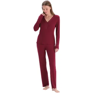 Dagi Damen Damson Knitted Regular Waist Camisole Long Leg Sleeve V-Neck T-Shirt & Trousers Pyjama Set, Damson, L EU