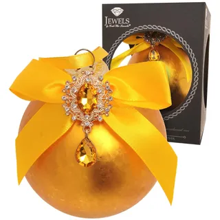 Krebs Glas Lauscha Weihnachtskugel Gold - Ø 8 cm - edle Kugel mit Strass, Schleife & Eisstruktur - Weihnachtsdeko aus Glas - Christbaumschmuck elegant & hochwertig - Festliche Winterdeko