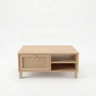 Stilvoller Couchtisch aus Eiche, 90 x 60 x 38,6 cm | 100% melaminbeschichtete Spanplatte, Türen aus Rattan-Jute-Stoff | Modernes Design