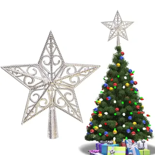 Weihnachtsbaum-Spitze aus Kunststoff, Weihnachtsbaumspitze Stern, Weihnachtsbaum Stern Topper, Christbaumspitze Stern, Christbaumspitze Baumspitze, für Weihnachten, Fest, Party, Zuhause, 20 cm, Silber