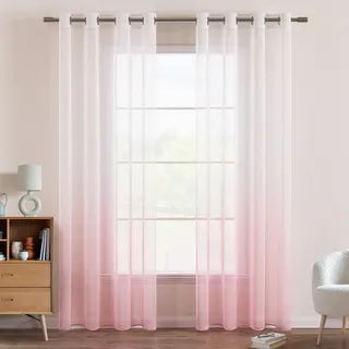 EMEMA Gardinen Transparent Vorhänge Voile Sheer Vorhang mit Ösen Farbverlauf Dekoschal Fensterschal für Schlafzimmer und Wohnzimmer 260 cm x 140 cm(H x B) 2er Set Weiß Rosa
