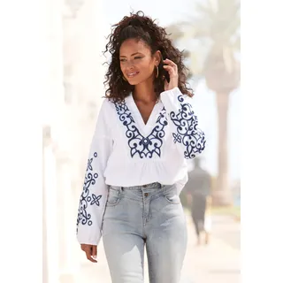 LASCANA Langarmbluse "mit aufwendiger Stickerei" Damenbluse mit leichten Ballonärmeln, lockere Tunika, Boho-Bluse, weiß, blau