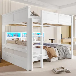 STILVORA Etagenbett 160x200cm Jugendbett mit 6 Stauraumschränken und LED-Licht, Weiß, aus hochwertigem massivem Kiefernholz und MDF - Weiß