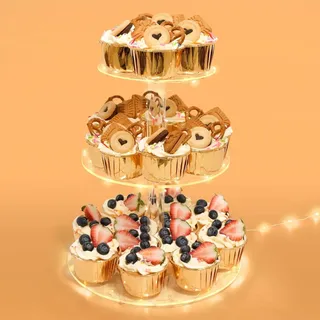 Ulifeme 3 Etagen Cupcake Ständer, Gelb LED Lichterkette de Tortenständer Acryl für Hochzeit, Party, Geburtstag, Baby Duschen & Kuchen Dessert, Torten Etagere 3-stöckig, Runder Cupcake Stand
