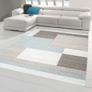 Designer Teppich Moderner Teppich Wohnzimmer Teppich Kurzflor Teppich mit Konturenschnitt Karo Muster Pastellfarben Blau Creme Beige Größe - 60 x 110 cm - Creme