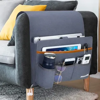 Betoores Sofa Armlehne Organizer, Aufbewahrungstasche mit 5 Taschen für Couch, Stuhl, Bett, Armlehne, für TV-Fernbedienung, Handys, Bücher, Zeitschriften - Blau grau