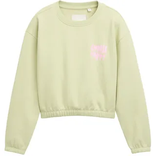 Sweater TOM TAILOR, Kinder, Gr. 164, grün (seed grün), Sweatware, Obermaterial: 70% Baumwolle, 30% Polyester, bedruckt, unifarben, lässig geschnitten hüftlang, Rundhals, elastischer Bund, Sweatshirts Sweater, mit Statement-Print