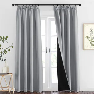 PONY DANCE Übergardinen mit Kräuselband Blickdicht 2er Set H 220 x B 140 cm Doppellagige Verdunklungsvorhänge für Schiene Thermo Vorhänge Hitzeschutz Gardinen Schlafzimmer, Silbergrau
