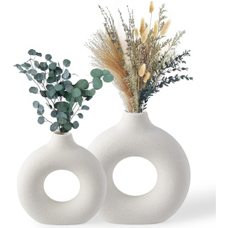 BASVII Kleine Vasen Deko - Weiße Vase für Pampasgras, Boho Deko Blumenvase, Keramik Vase Modern, Zimmer Deko Aesthetic - Donut Vase Rund für Deko Wohnzimmer, Flur, Fensterbank, Esstisch (S+M)