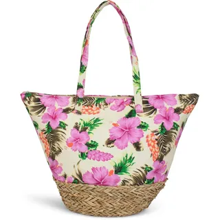 styleBREAKER Große Strandtasche mit Hibiskus Blumen Print | Damen Shopper mit Bastboden und Reißverschluss | Bunte Badetasche mit Tropenflair | 46 x 36 x 16 cm, Farbe:Gelb