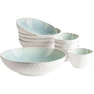 Mäser 934009 Serie Frozen, 9-teiliges Bowl Set aus schöner Keramik, 1 Salatschüssel, 4 Ramen Schalen und 4 Dip Schälchen, organische Formen im Vintage Look, händisch lasiert, Steinzeug, Grün